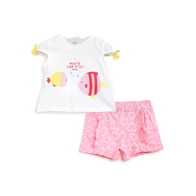 Girls White and Pink Printed Outfit with Short Pants